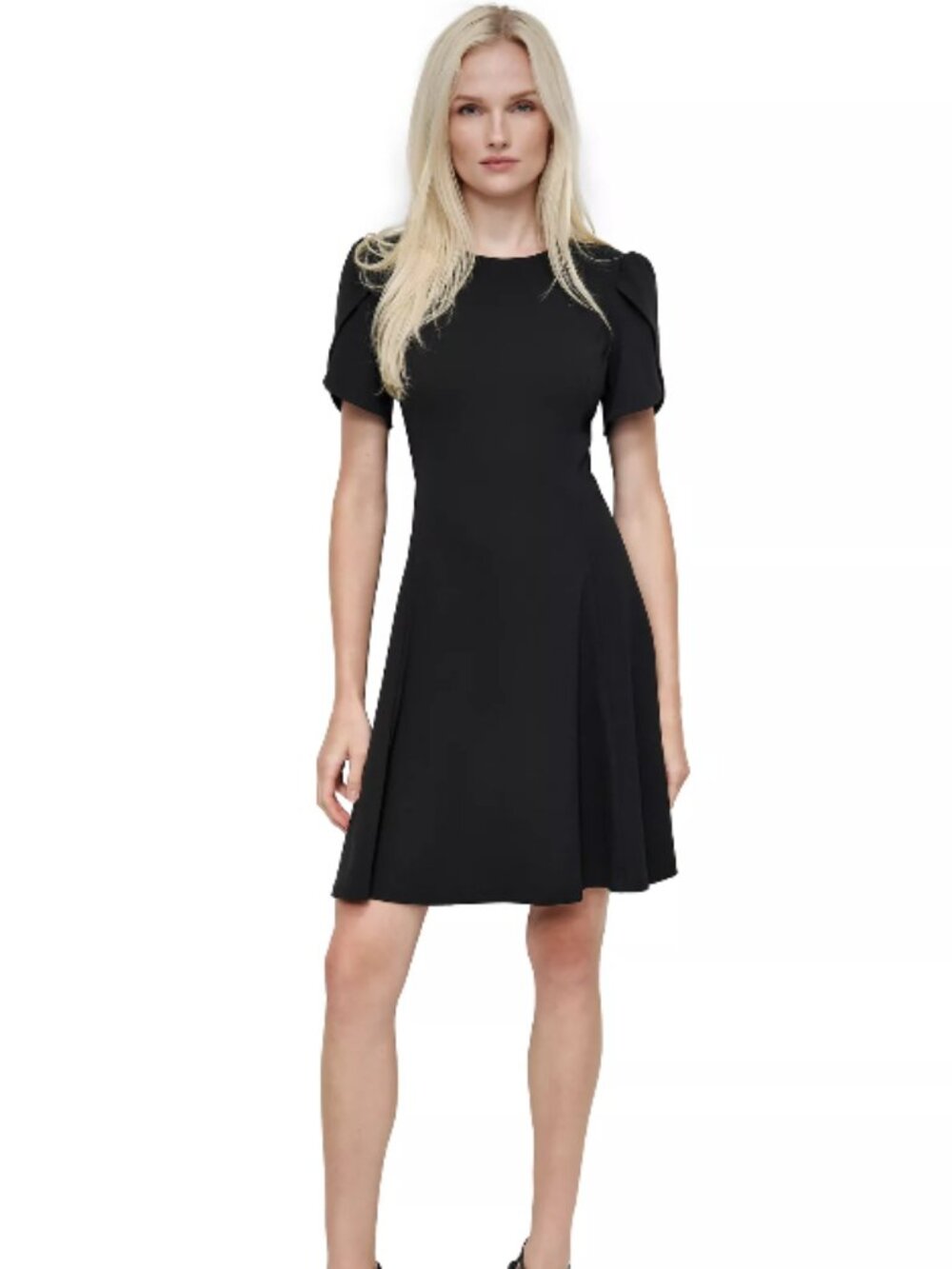 NWT DKNY Women's Button-Detail Short-Sleeved Fit & Flare Navy Dress (12)